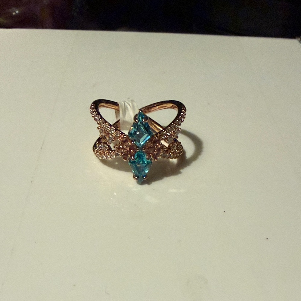 Bomb party  crystal accent  rose Gold Blue Stone Ring